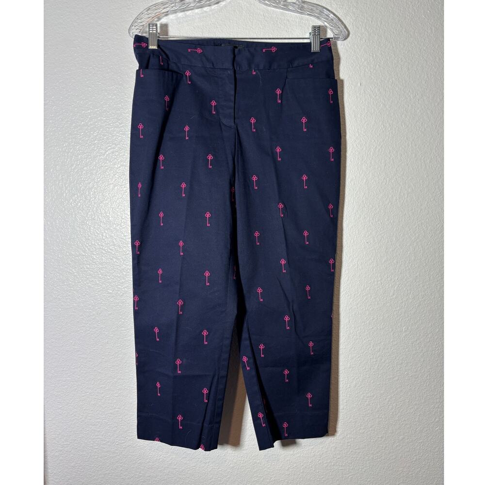 Talbots Petites Size 6P Embroidered Key Pattern Cropped Chino Pants Navy & Pink